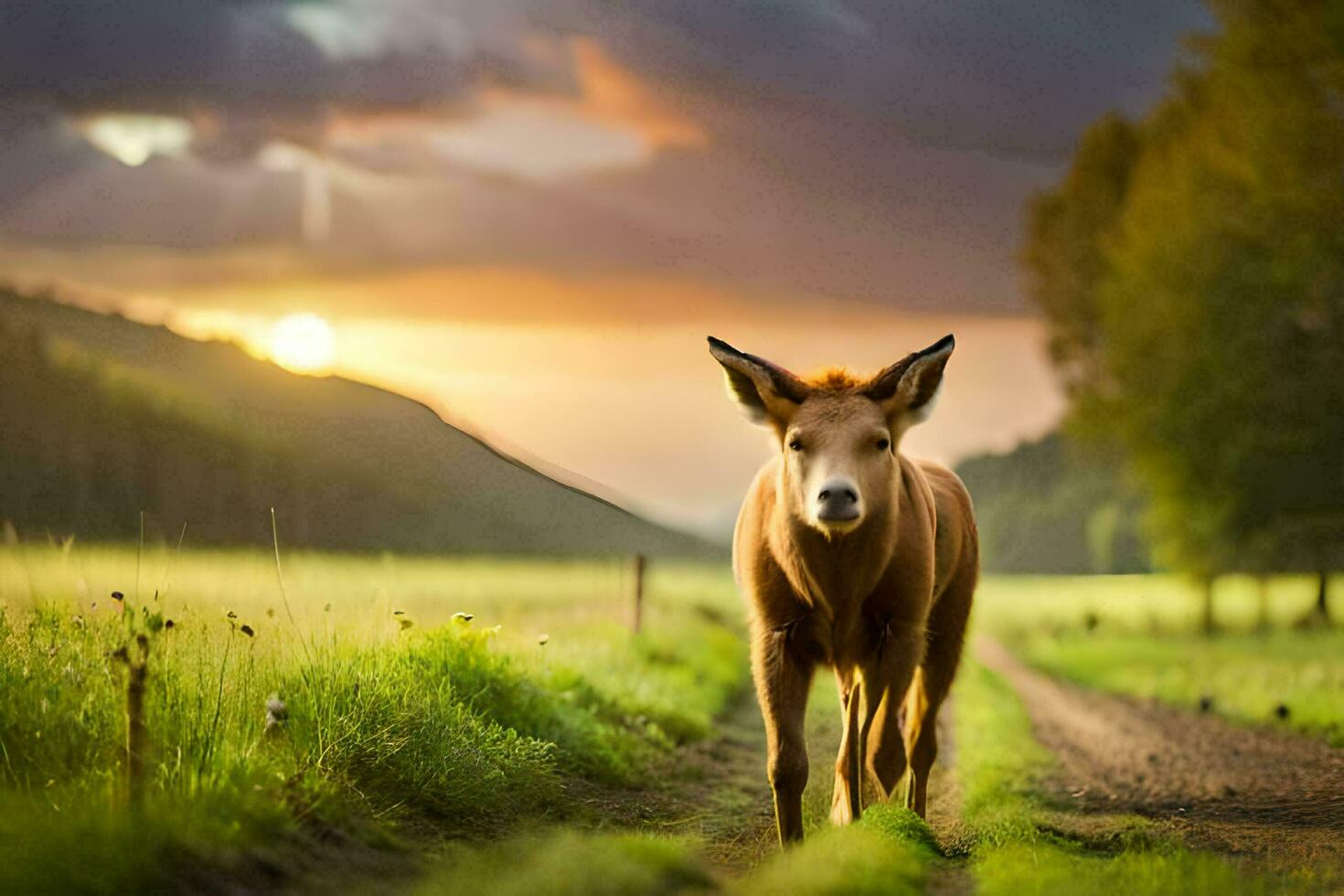 uma cavalo caminhando em uma sujeira estrada às pôr do sol. gerado por IA foto