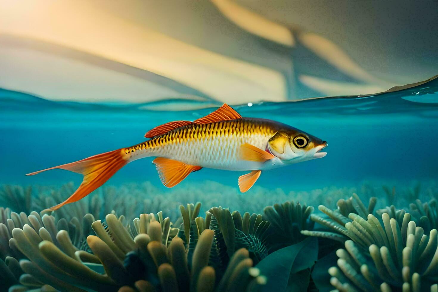 uma peixe natação dentro a oceano com coral. gerado por IA foto