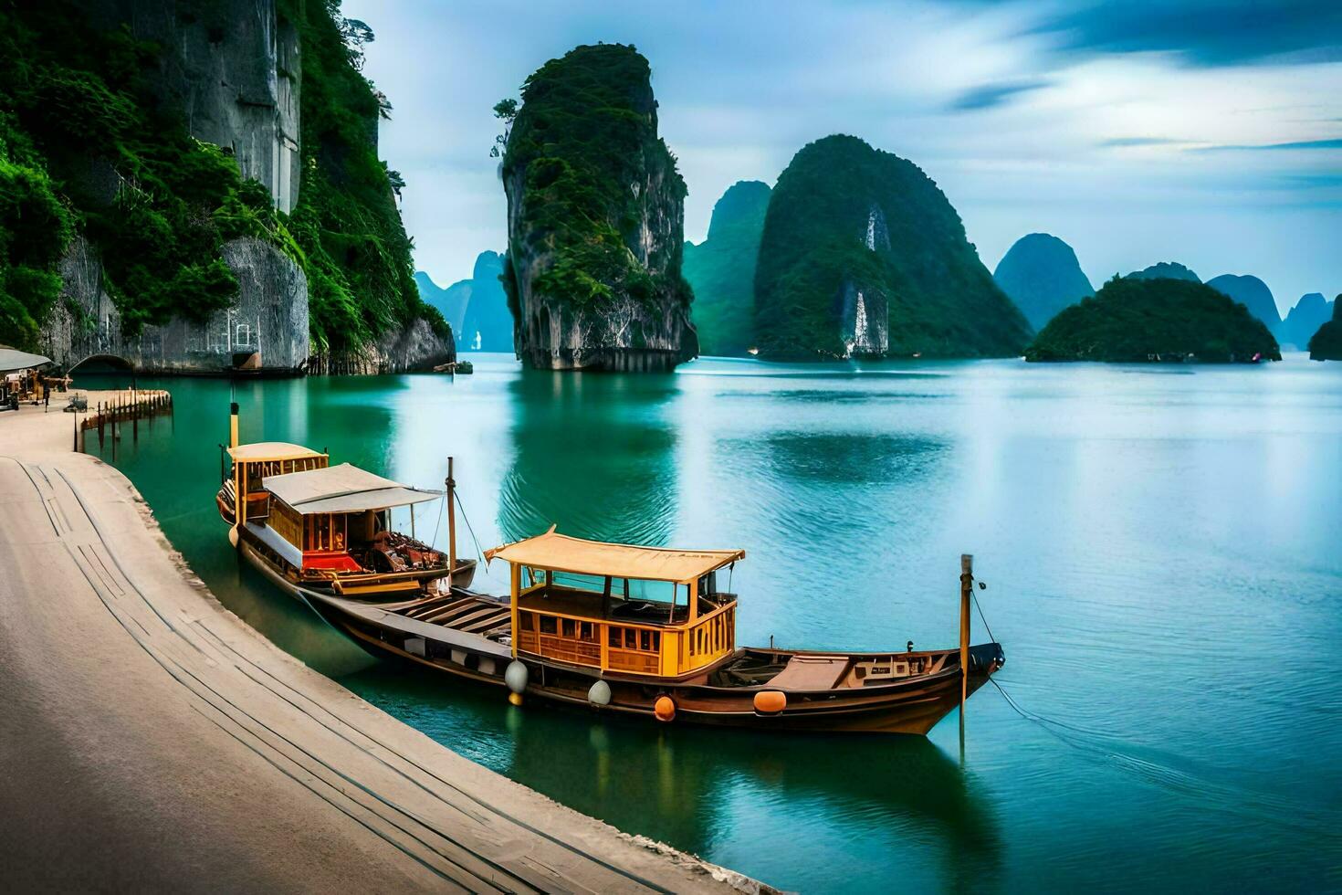 dois barcos ancorado dentro a água perto montanhas. gerado por IA foto