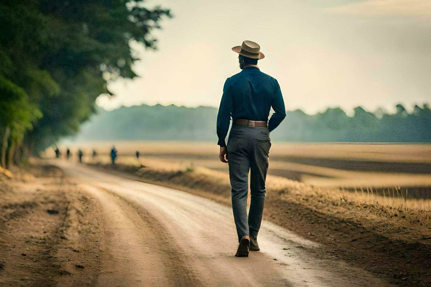 uma homem dentro uma chapéu anda em baixa uma sujeira estrada. gerado por IA foto