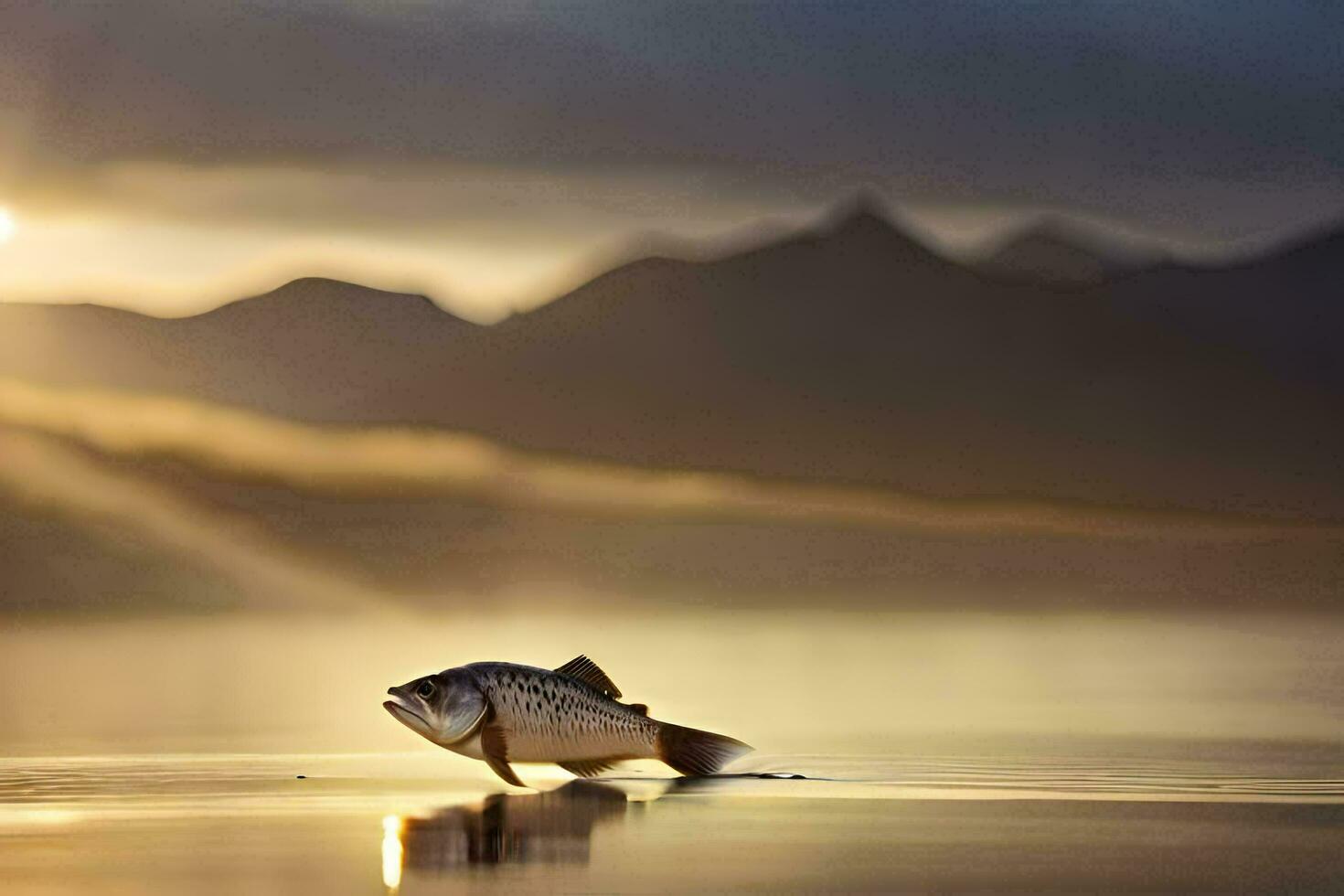 uma peixe é em pé em a água às pôr do sol. gerado por IA foto