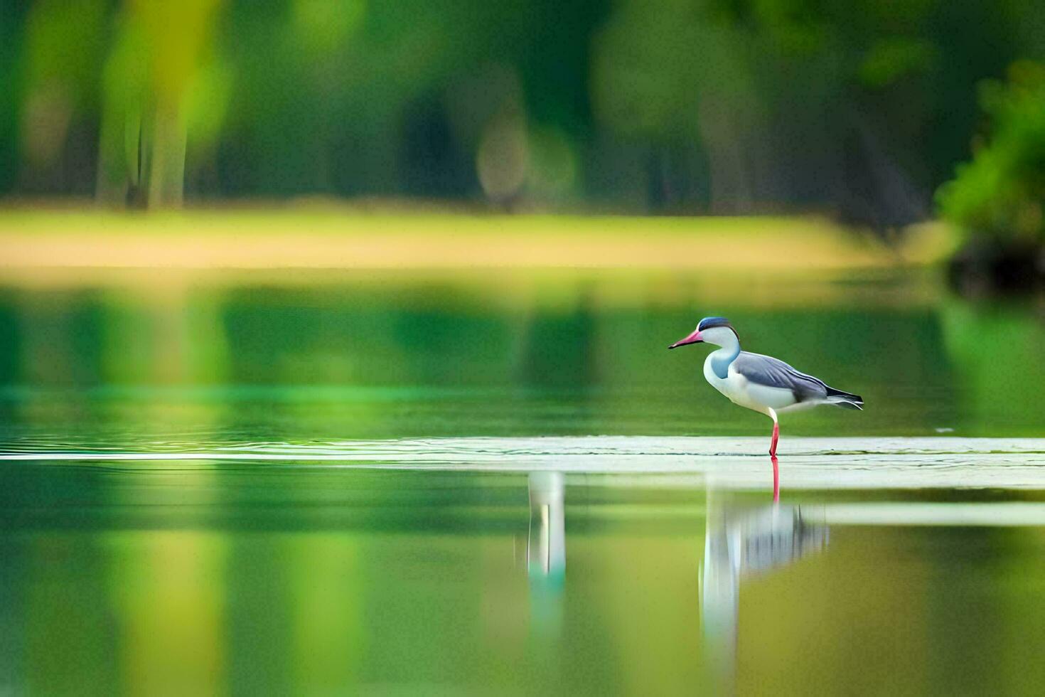 uma pássaro em pé em a água com uma verde fundo. gerado por IA foto