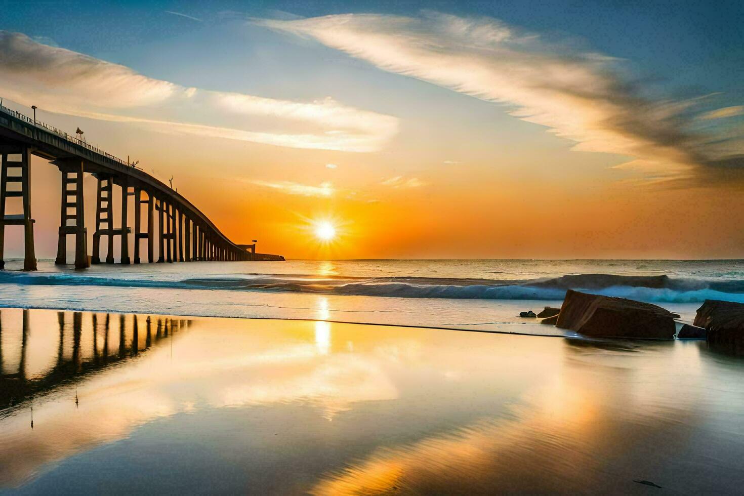 a Sol conjuntos sobre a oceano e uma ponte. gerado por IA foto