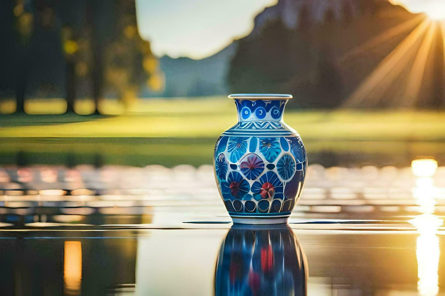 uma vaso sentado em a água com a Sol brilhando. gerado por IA foto