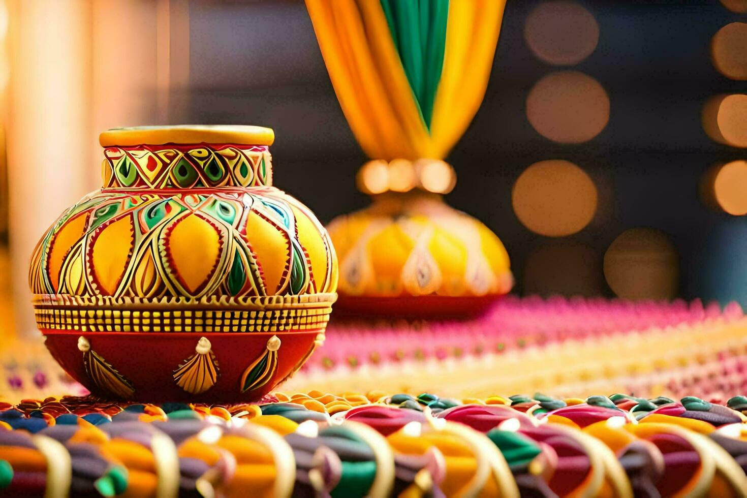 uma colorida vaso sentado em uma mesa com colorida decorações. gerado por IA foto