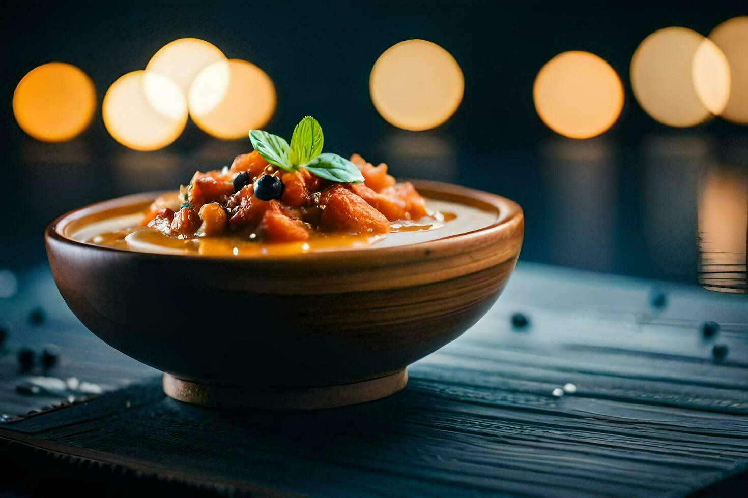 uma tigela do sopa com uma de madeira colher em uma mesa. gerado por IA foto