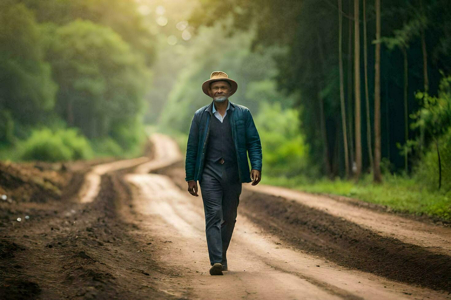 uma homem dentro uma terno e chapéu caminhando baixa uma sujeira estrada. gerado por IA foto