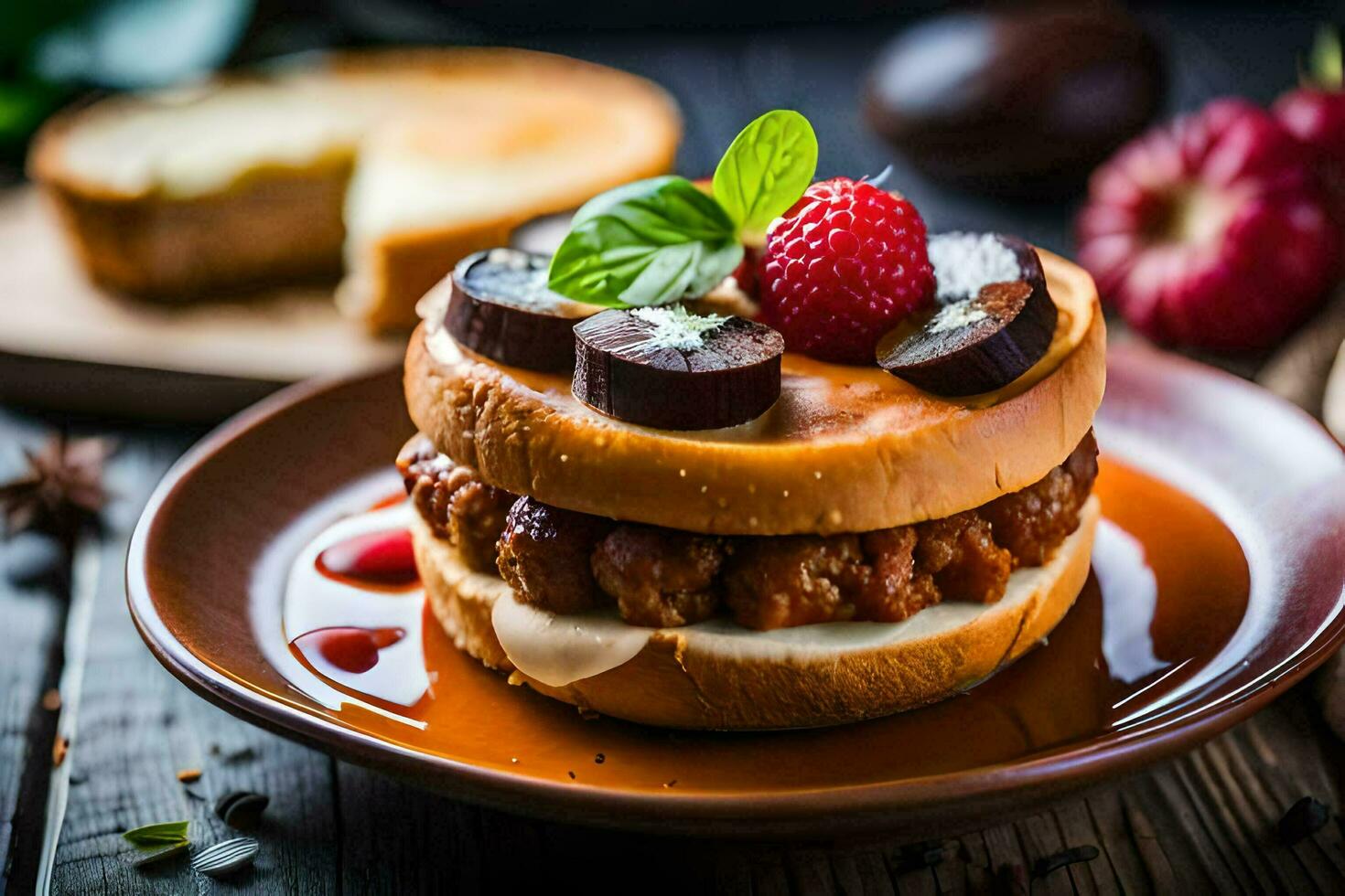 uma sanduíche com carne, queijo e bagas em uma placa. gerado por IA foto