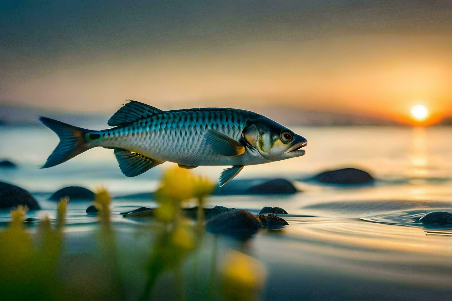 uma peixe é natação dentro a água às pôr do sol. gerado por IA foto