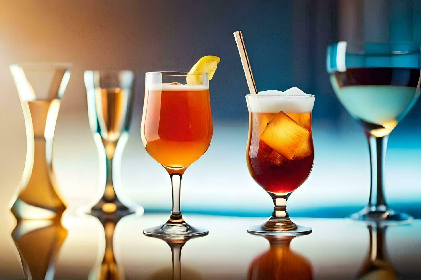 quatro diferente tipos do alcoólico bebidas dentro óculos. gerado por IA foto