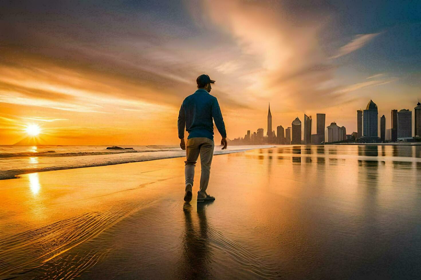 uma homem anda em em a de praia às pôr do sol. gerado por IA foto