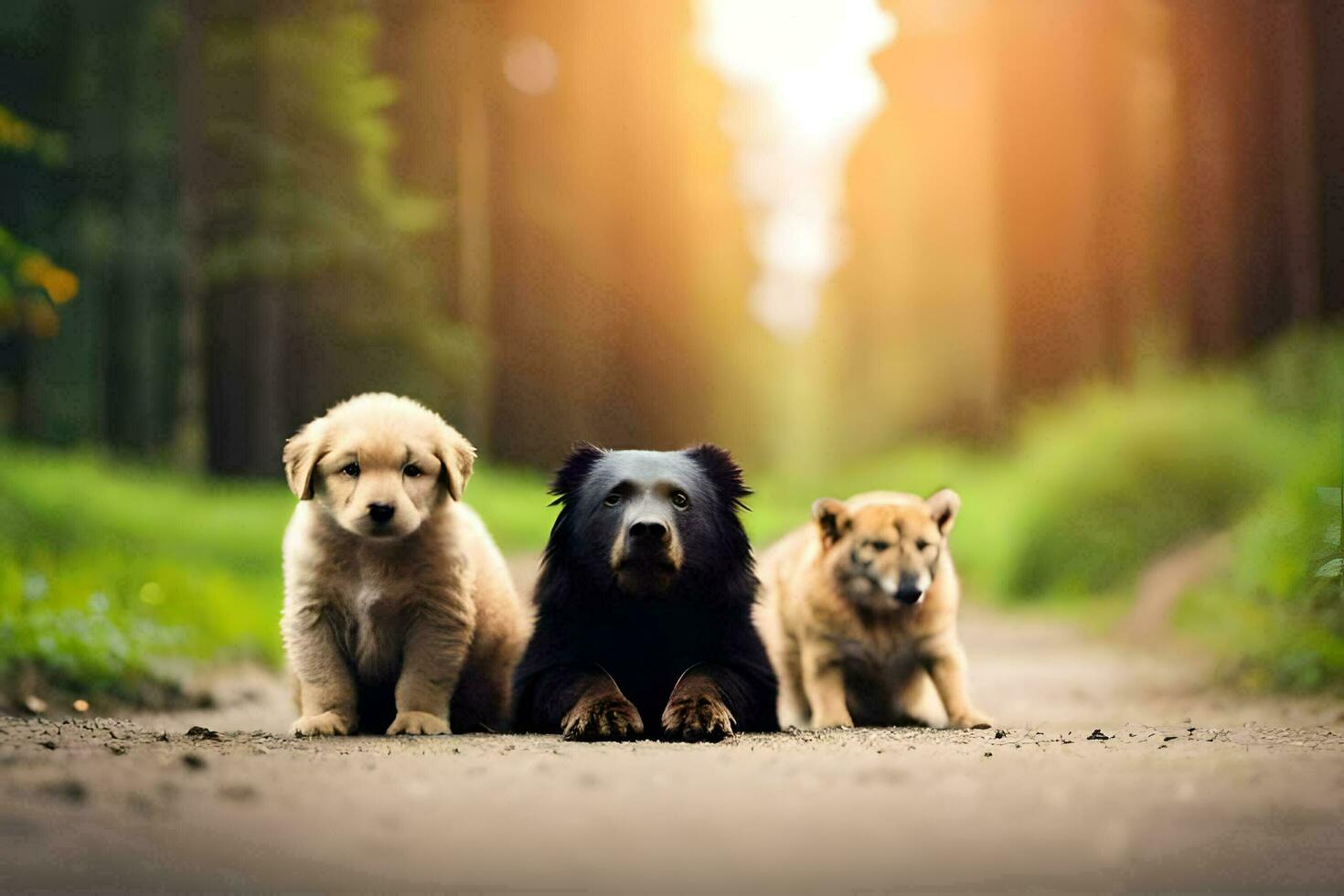 três cachorros e uma Urso sentado em a estrada. gerado por IA foto