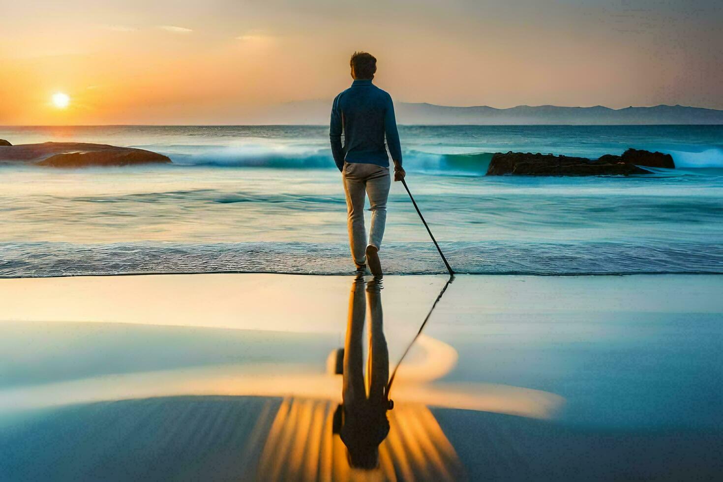 uma homem com uma bengala caminhando em a de praia às pôr do sol. gerado por IA foto