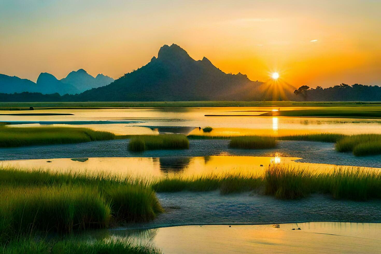 a Sol sobe sobre uma pantanoso área com montanhas dentro a fundo. gerado por IA foto