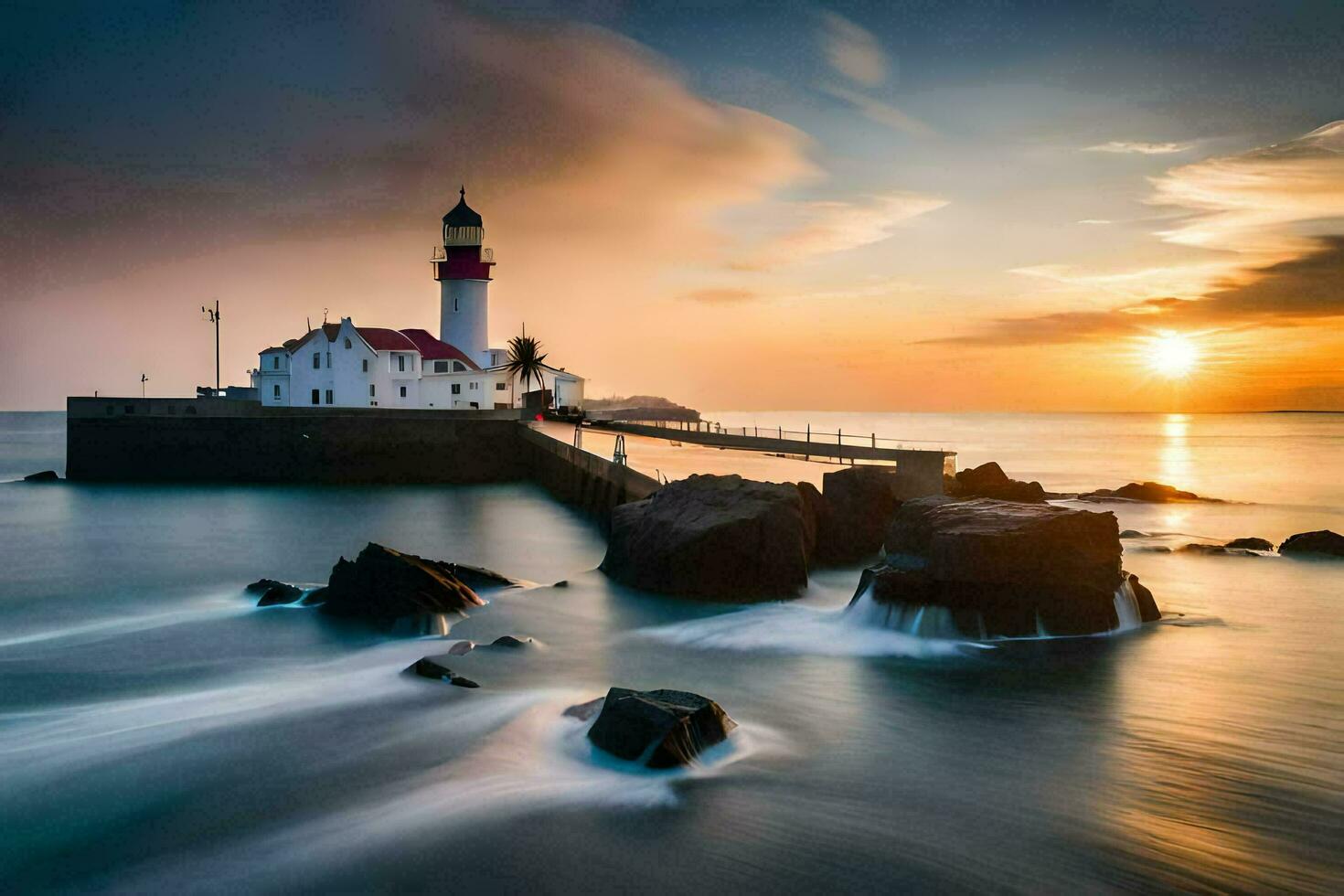 uma farol em a pedras às pôr do sol. gerado por IA foto