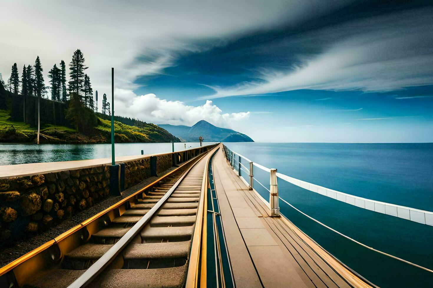 uma trem rastrear conduzindo para a oceano. gerado por IA foto