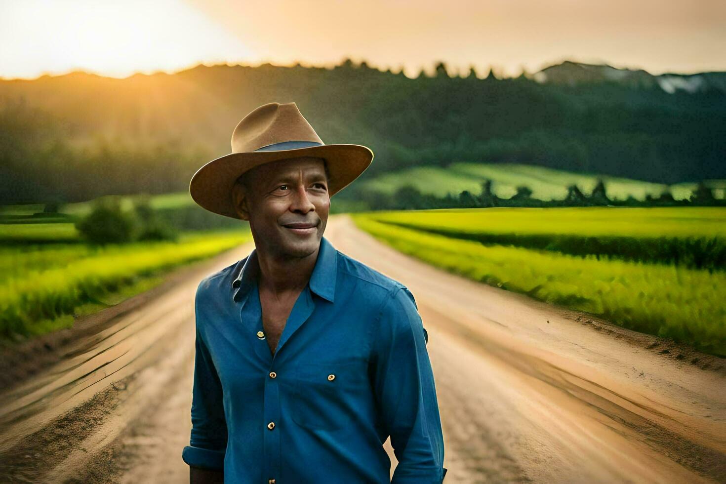 uma homem dentro uma chapéu em pé em uma sujeira estrada. gerado por IA foto