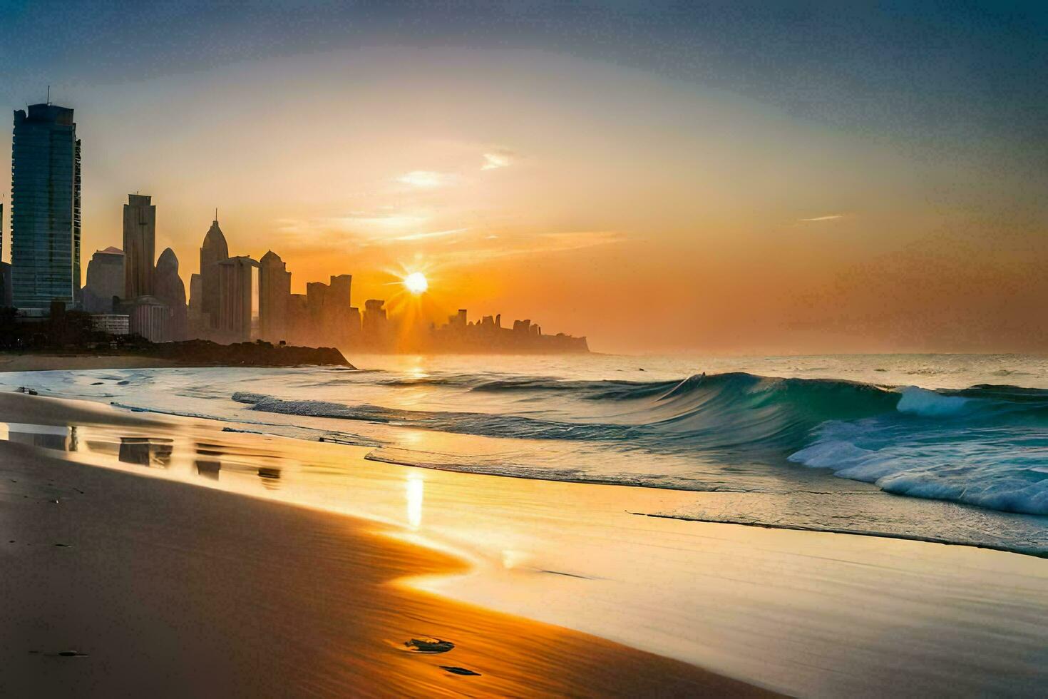 a Sol conjuntos sobre a cidade Horizonte em uma de praia. gerado por IA foto