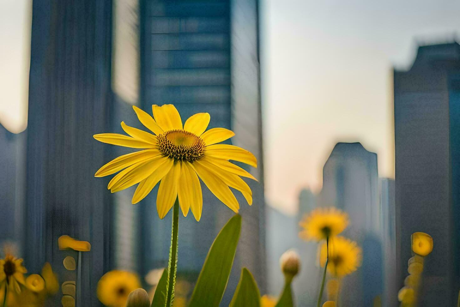 amarelo flor dentro frente do alta edifícios de Jason Kim. gerado por IA foto