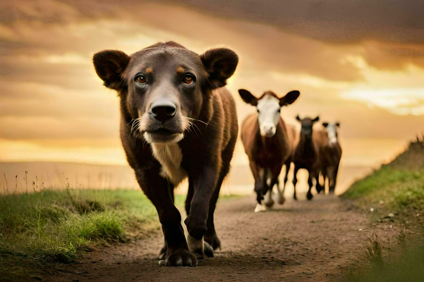 uma vaca caminhando baixa uma sujeira estrada com de outros vacas. gerado por IA foto