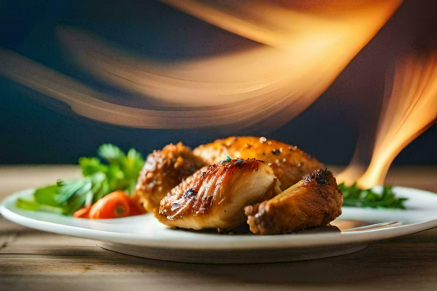 uma prato com frango e legumes em uma mesa. gerado por IA foto