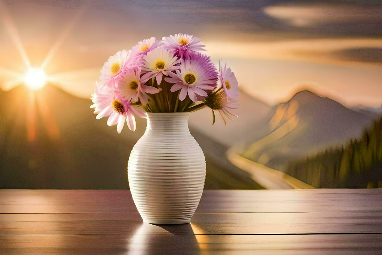 uma vaso do flores em uma mesa com montanhas dentro a fundo. gerado por IA foto