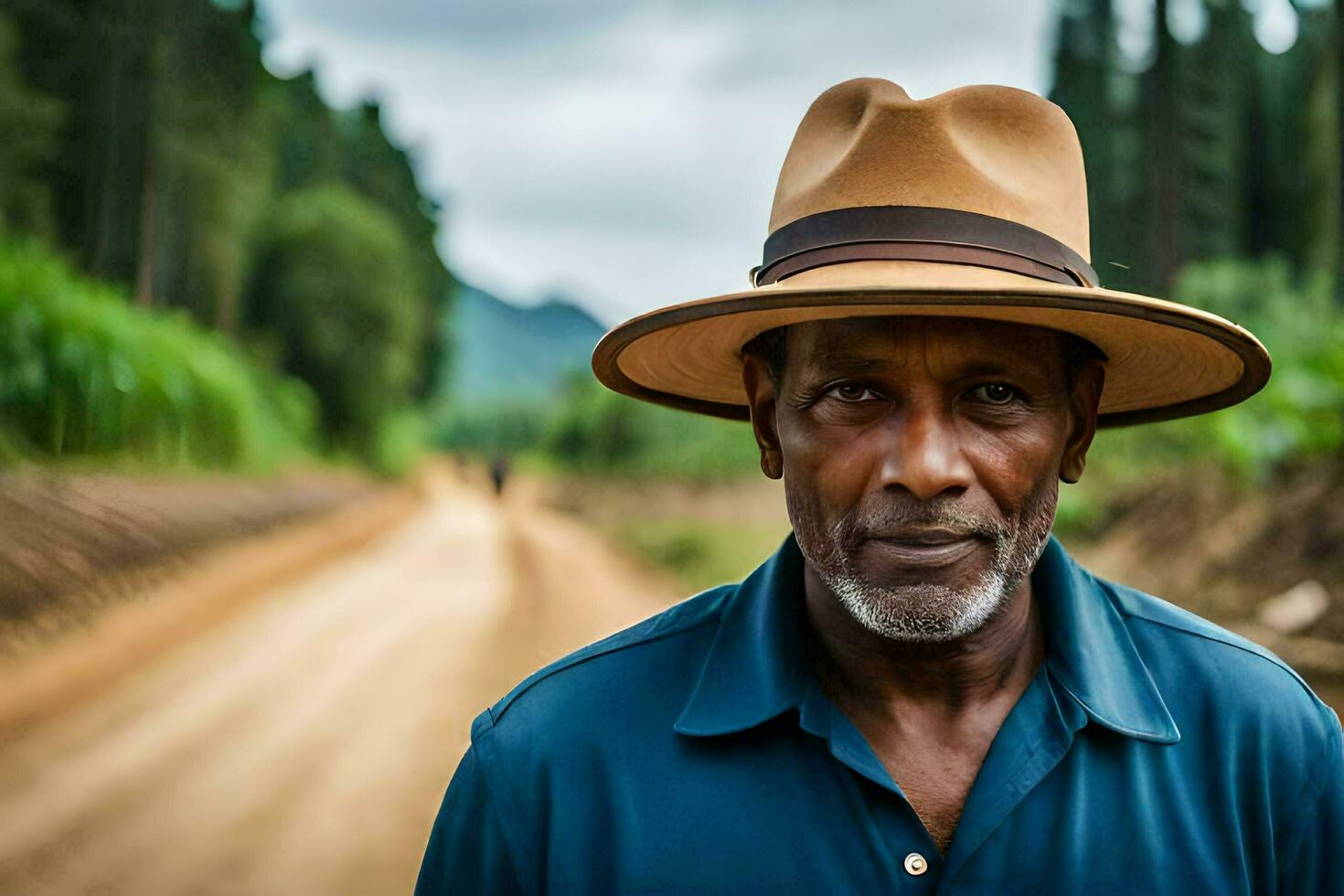 uma homem vestindo uma chapéu carrinhos em uma sujeira estrada. gerado por IA foto