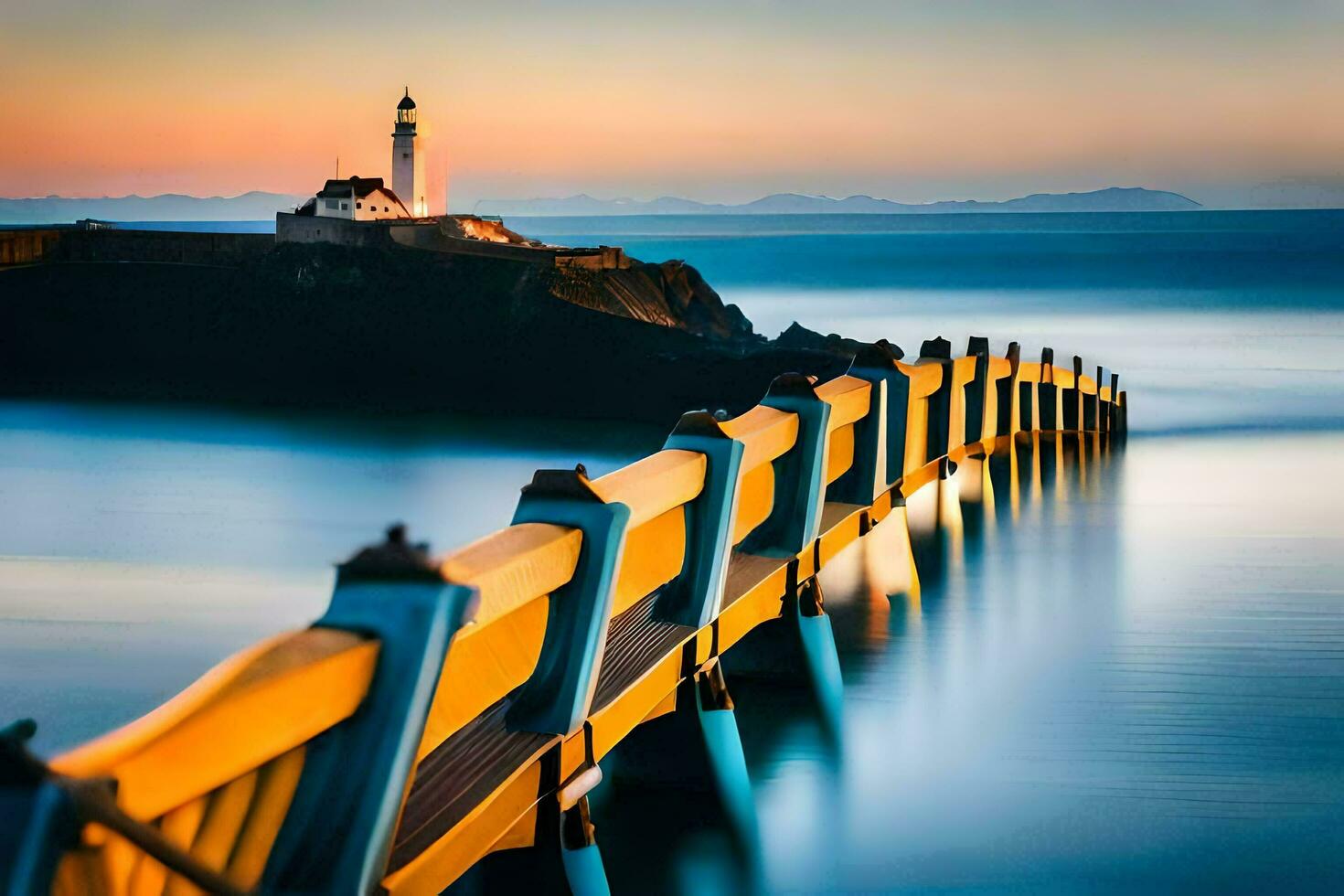 uma grandes exposição fotografia do uma farol às pôr do sol. gerado por IA foto