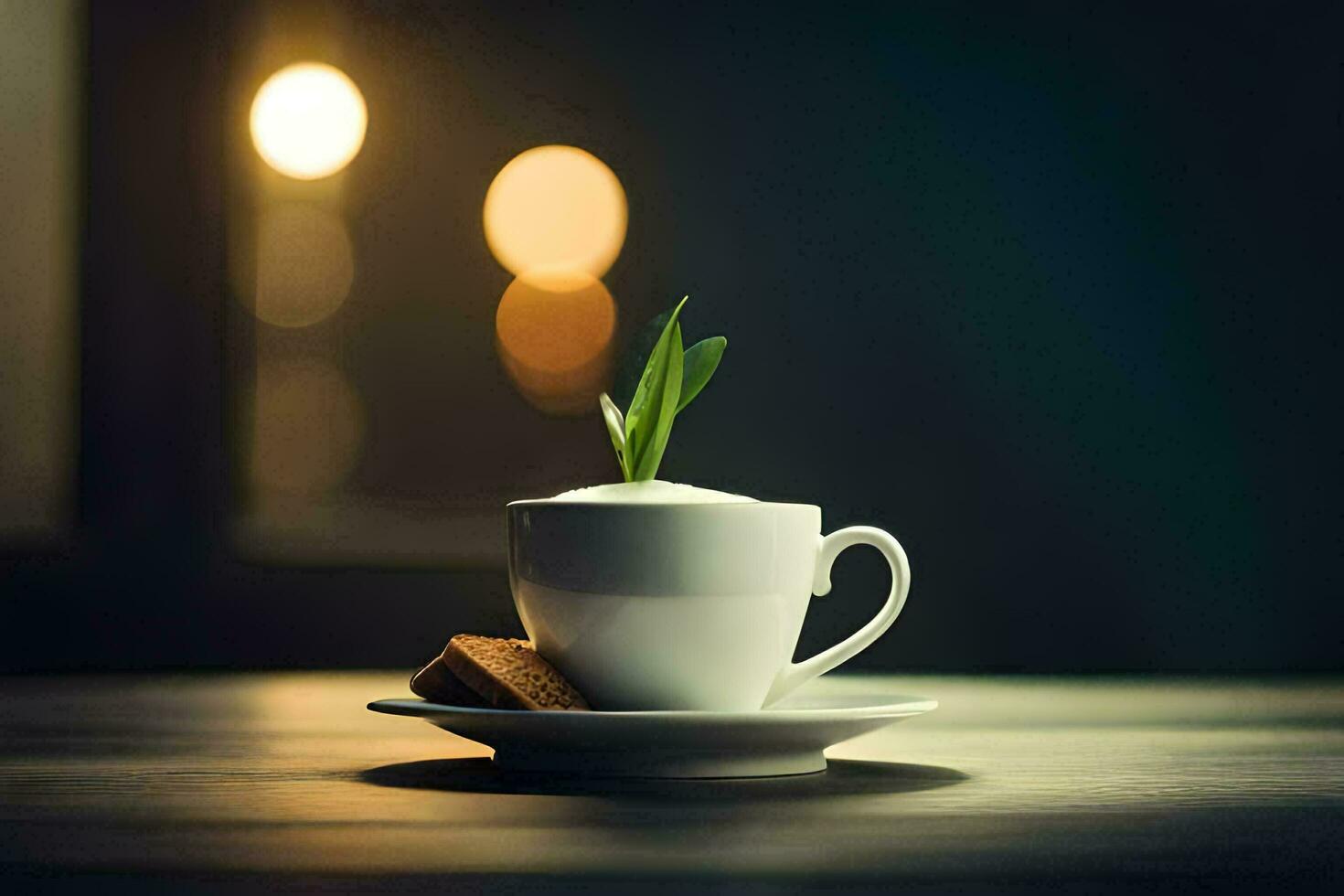 uma copo do café com uma verde brotar em topo. gerado por IA foto