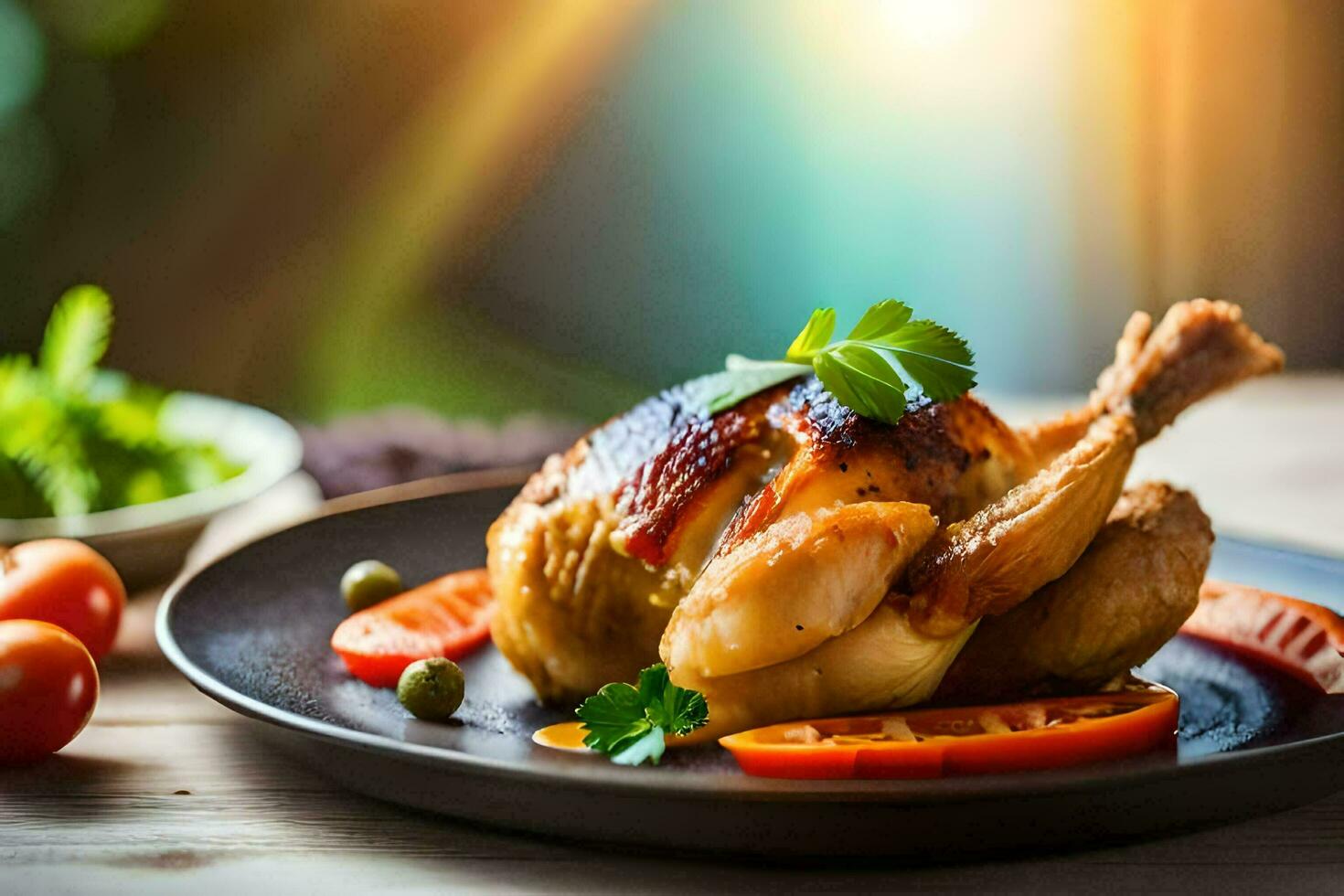 uma frango em uma prato com legumes e tomates. gerado por IA foto