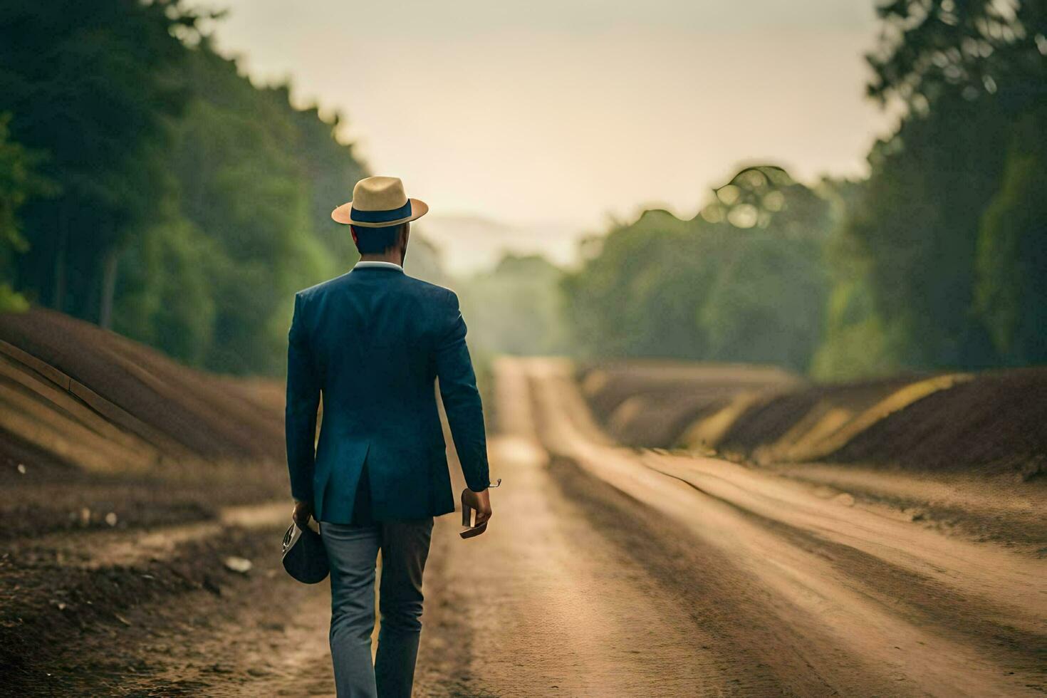 uma homem dentro uma terno e chapéu caminhando baixa uma sujeira estrada. gerado por IA foto