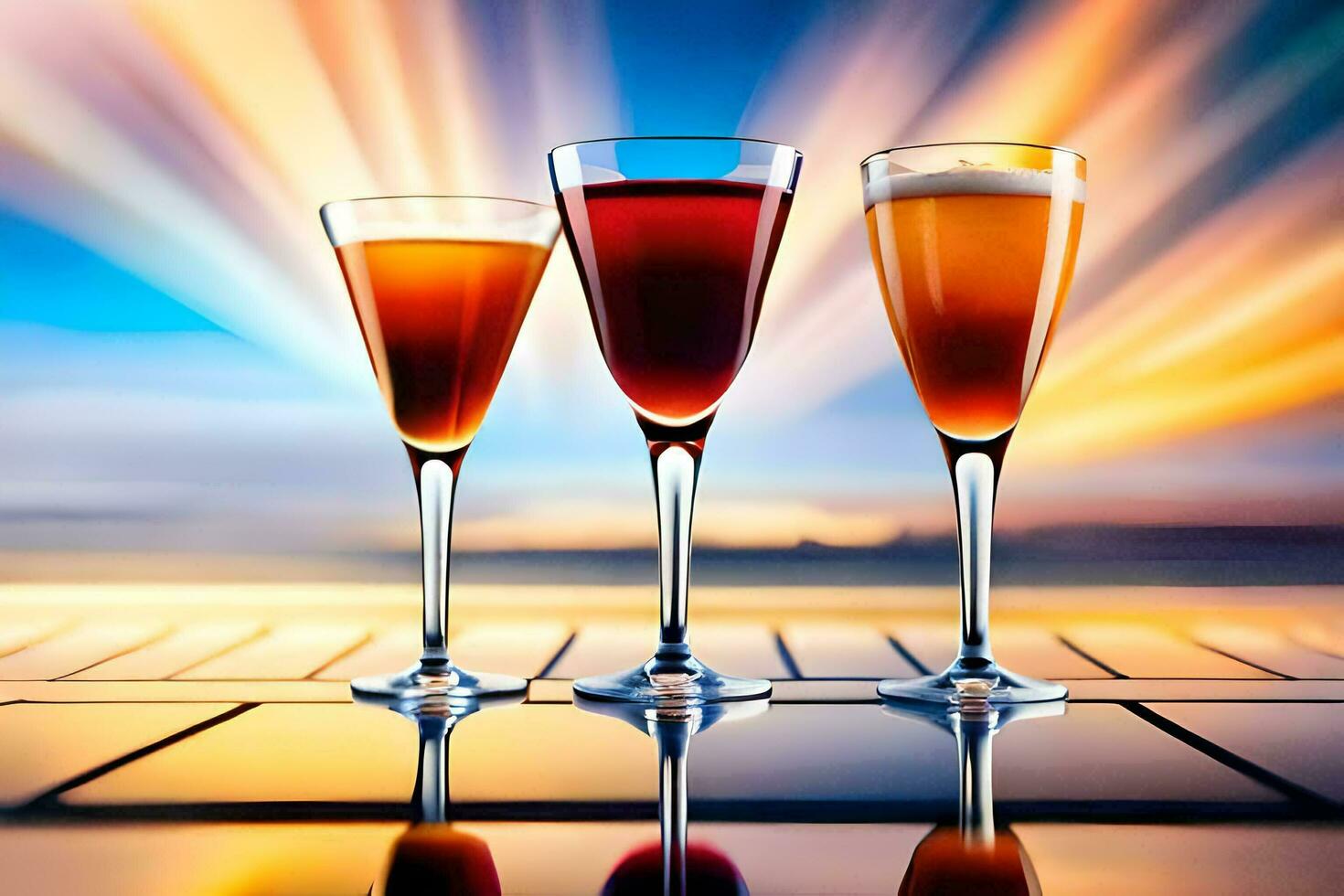 três óculos do vinho em uma mesa com uma pôr do sol dentro a fundo. gerado por IA foto
