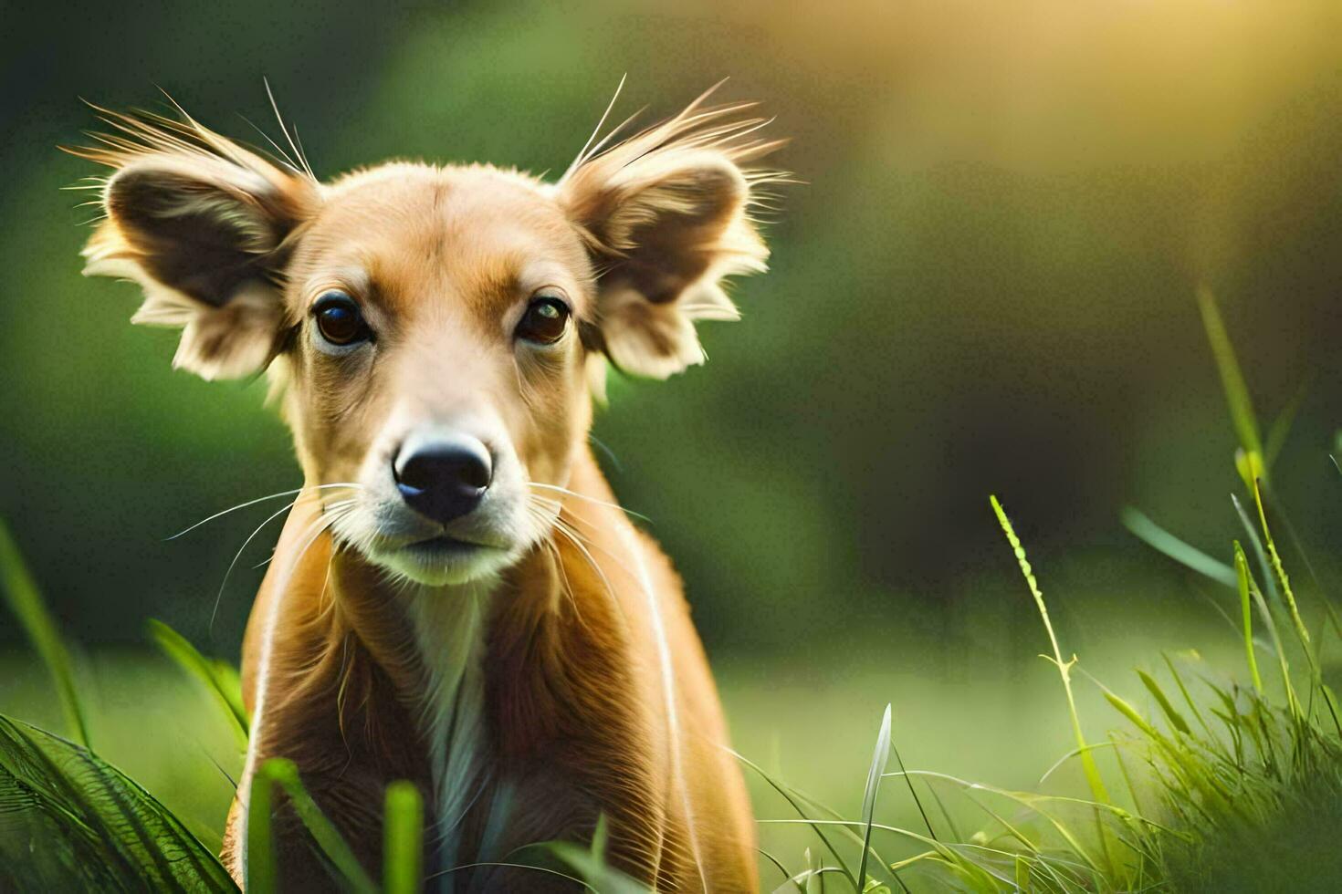 uma cachorro é em pé dentro a Relva com Está cabeça virou para a Câmera. gerado por IA foto