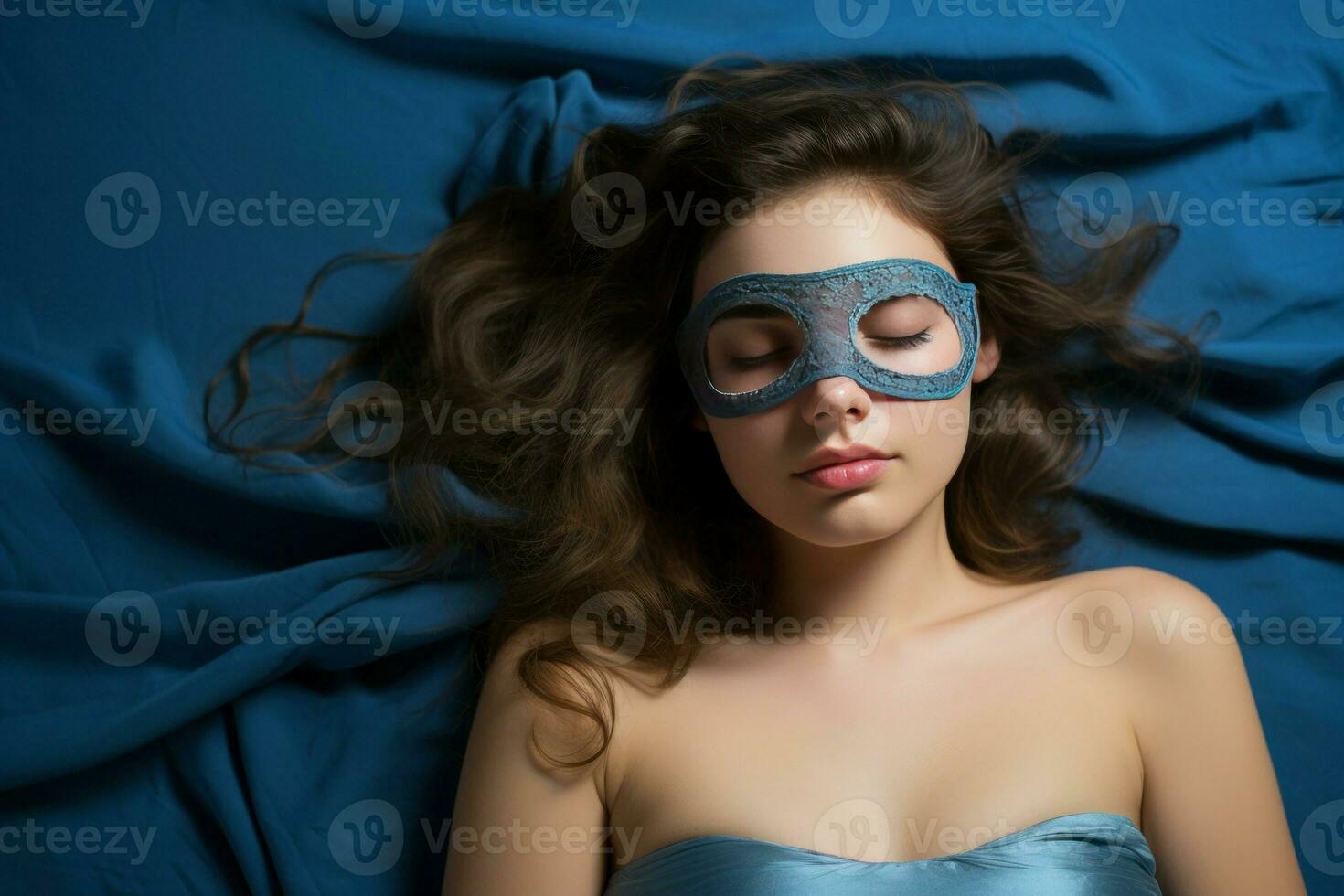 jovem lindo mulher dormindo dentro cama com olho mascarar. gerar ai foto