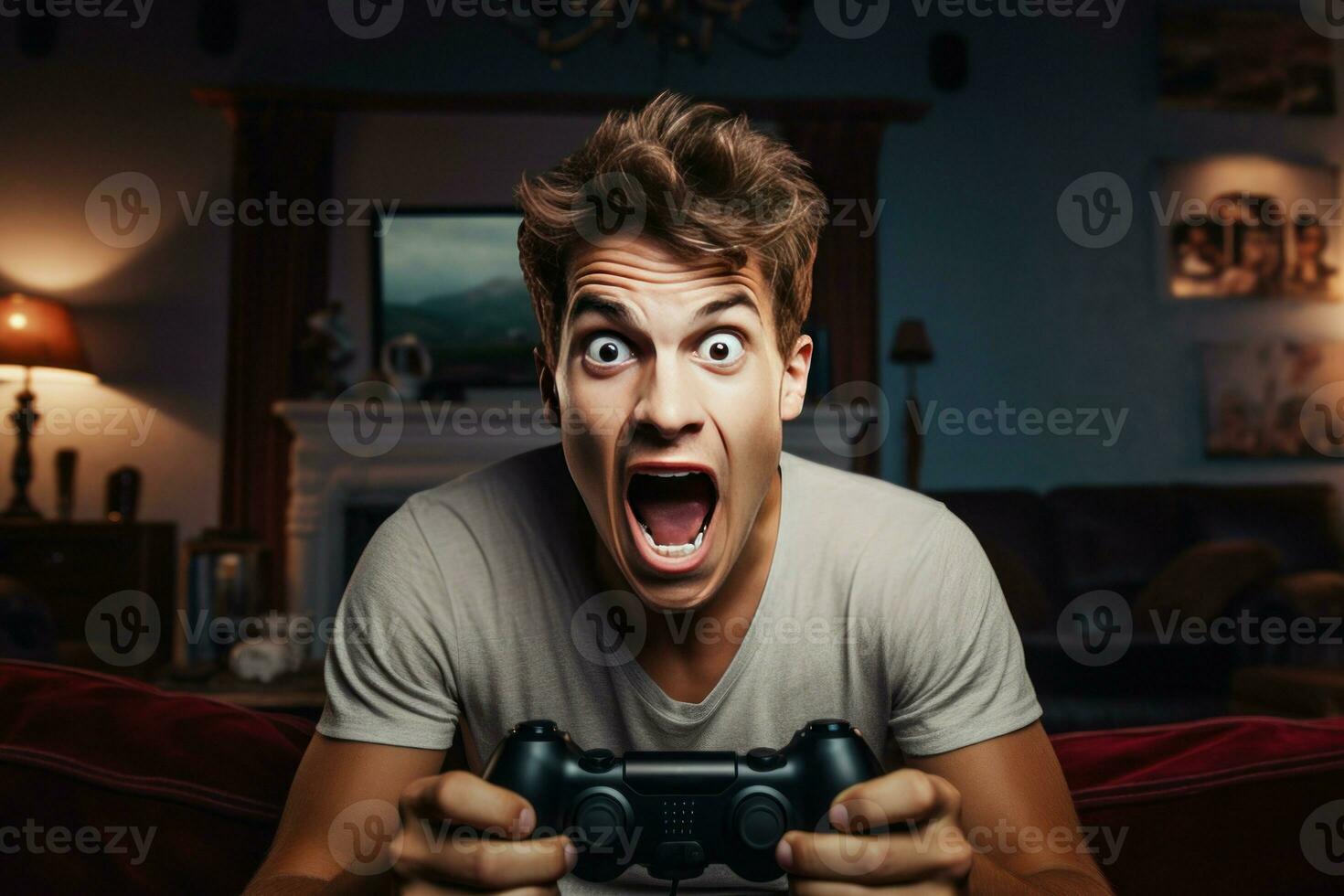 jovem homem jogando vídeo jogos às casa com engraçado face. gerar ai foto