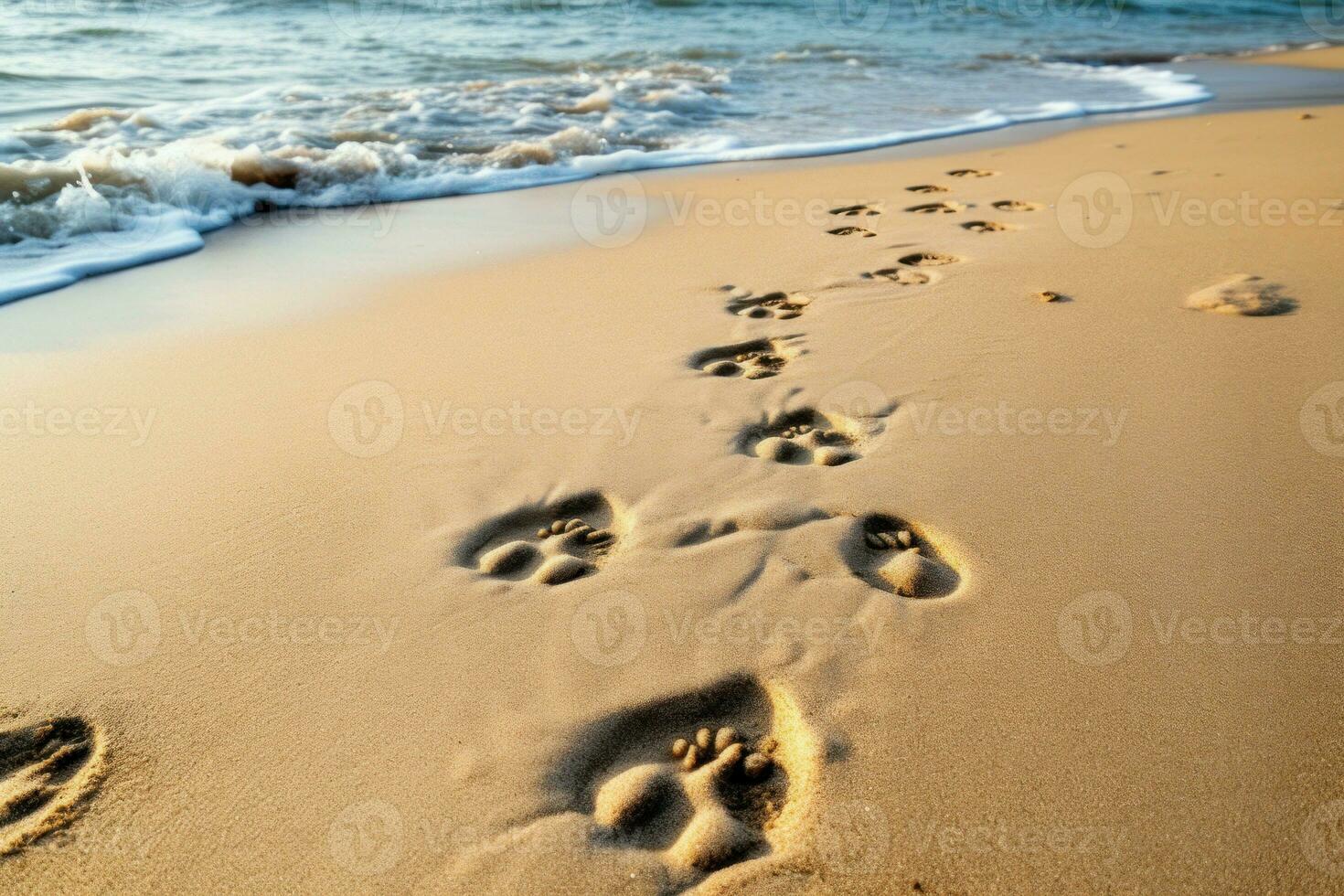 brincalhão cachorro de praia pegadas. gerar ai foto