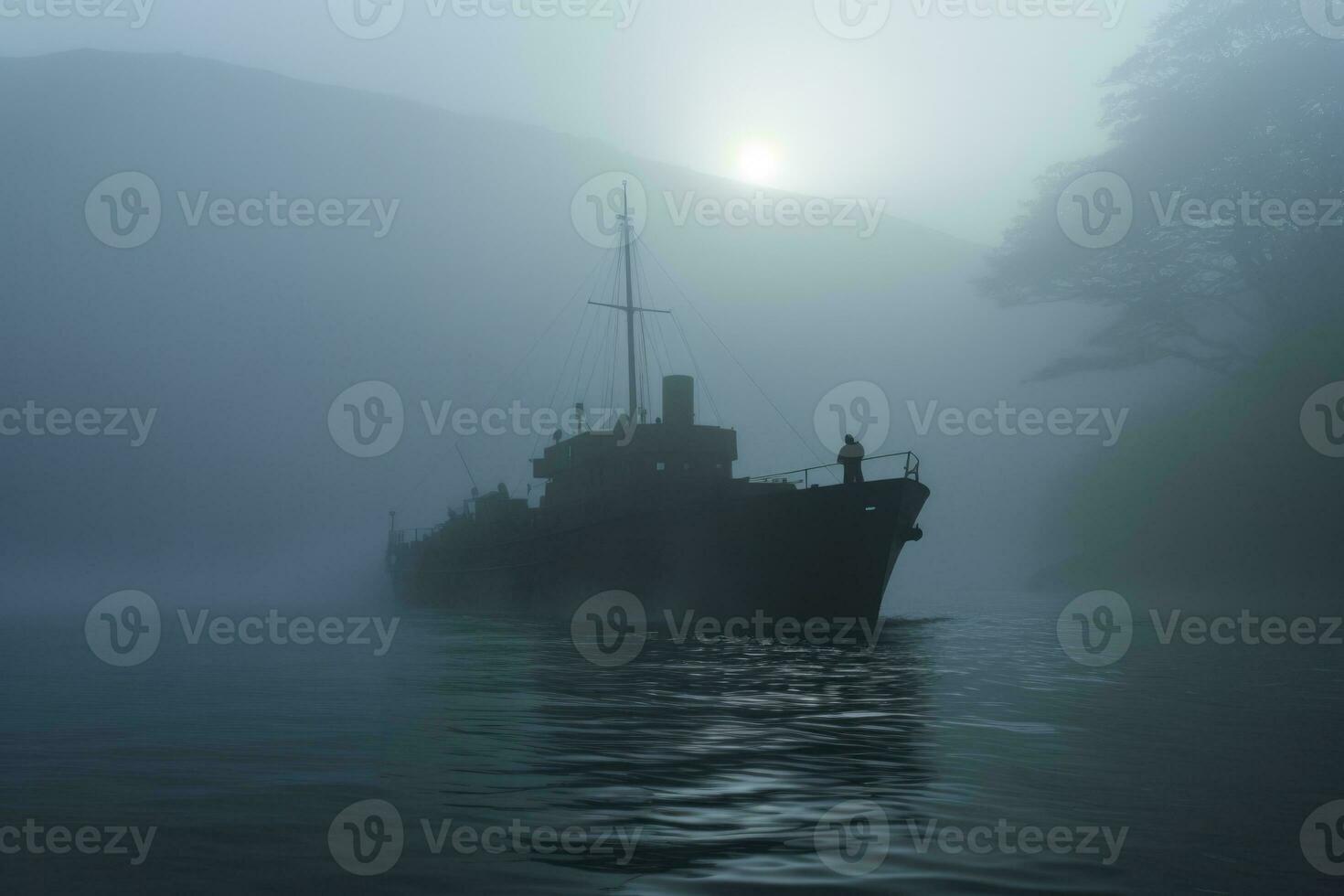 enevoado aparição do uma fantasma navio emergente a partir de uma nebuloso marinha foto