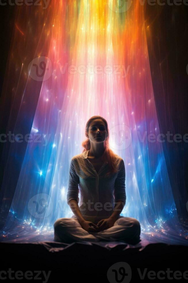 brilhante espectral aura fotografado envelopando uma pessoa durante espiritual cura sessão foto