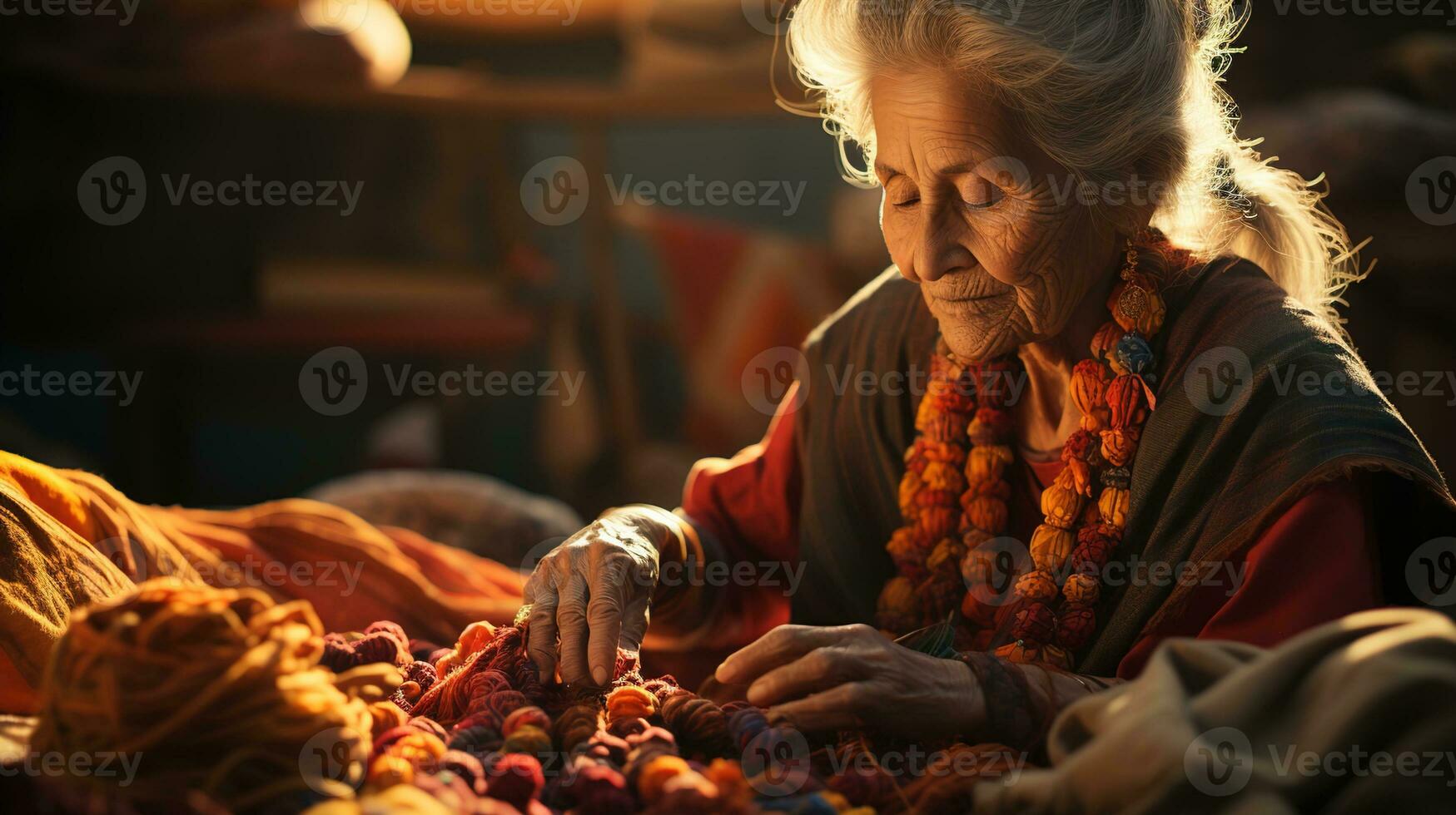 moderno tradicional herança arte, fechar-se do idosos indiano mulher tricô tradicional tecido dentro tarde luz - abraçando arte e cultural herança, ai generativo foto