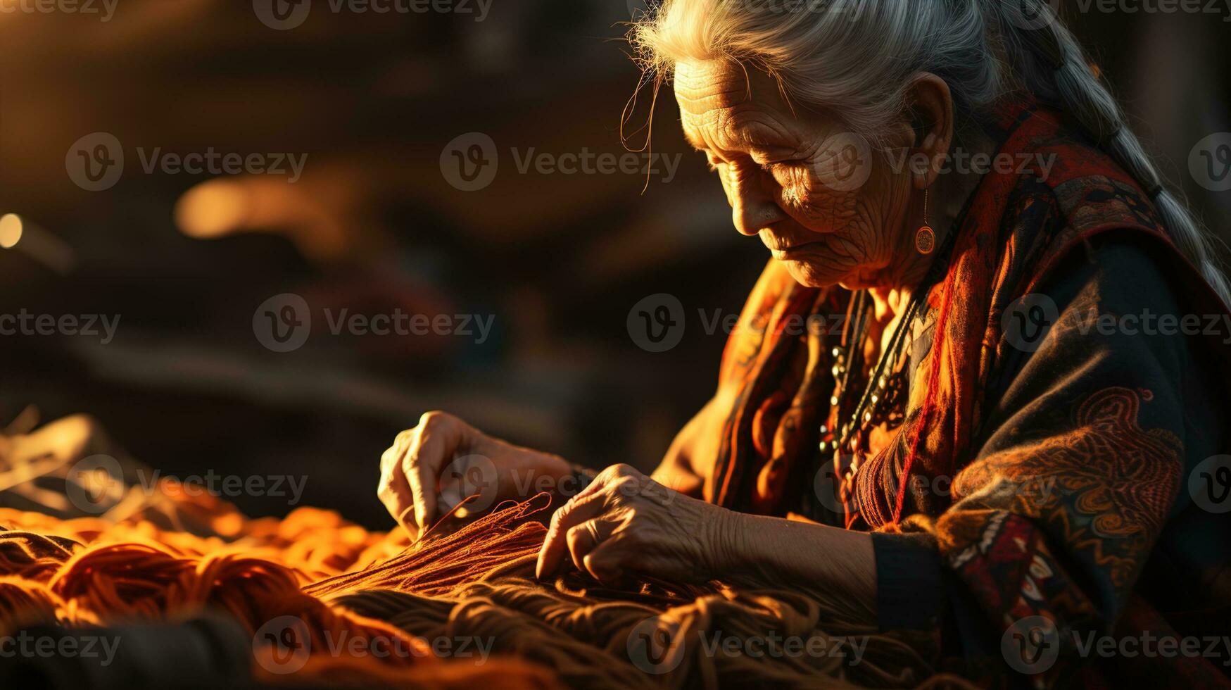 moderno tradicional herança arte, fechar-se do idosos indiano mulher tricô tradicional tecido dentro tarde luz - abraçando arte e cultural herança, ai generativo foto