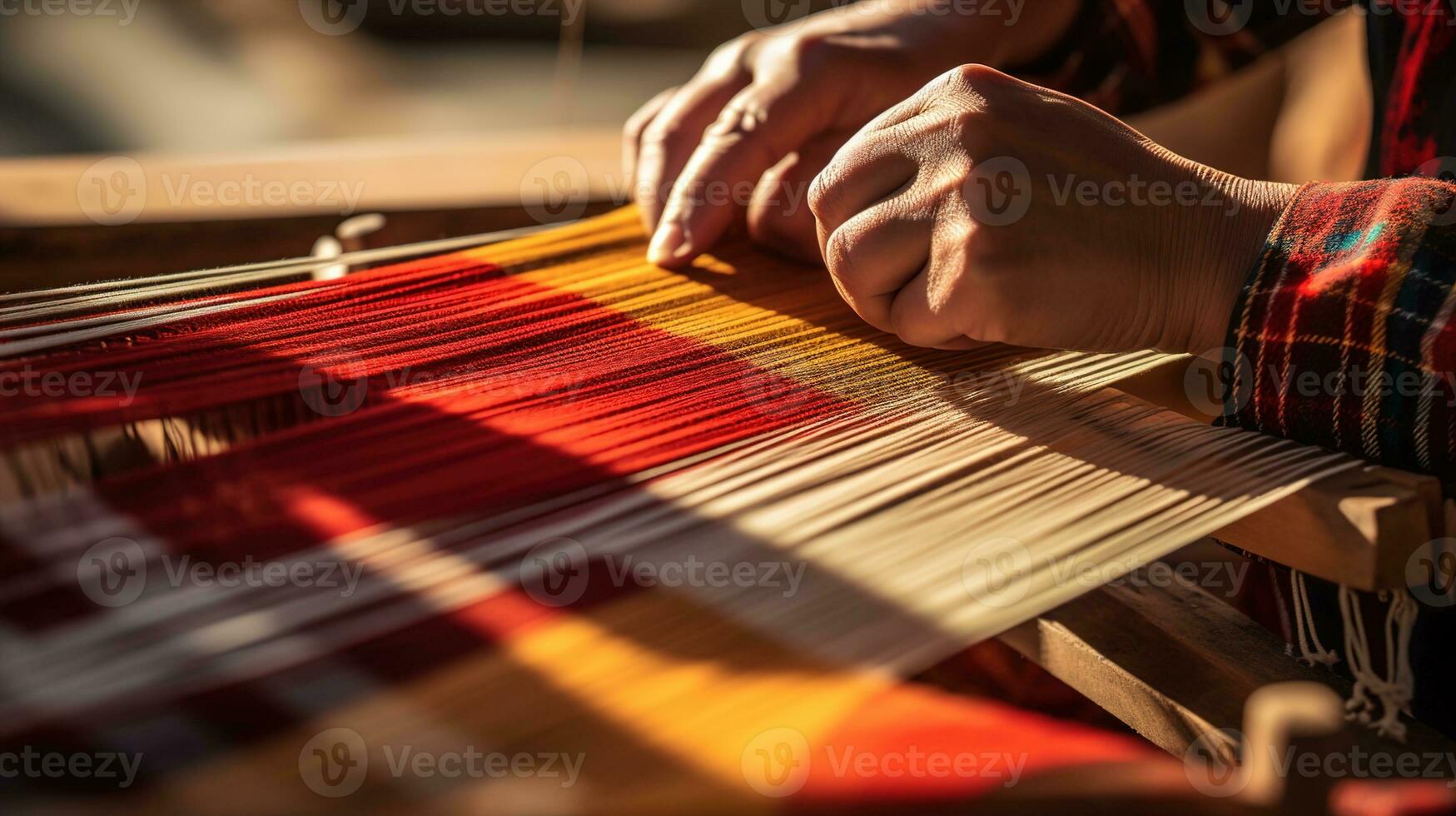 a comemorar moderno tradicional herança arte, fechar-se do mãos tecelagem uma colorida têxtil em uma de madeira tear com cópia de espaço para criativo expressões, ai generativo foto