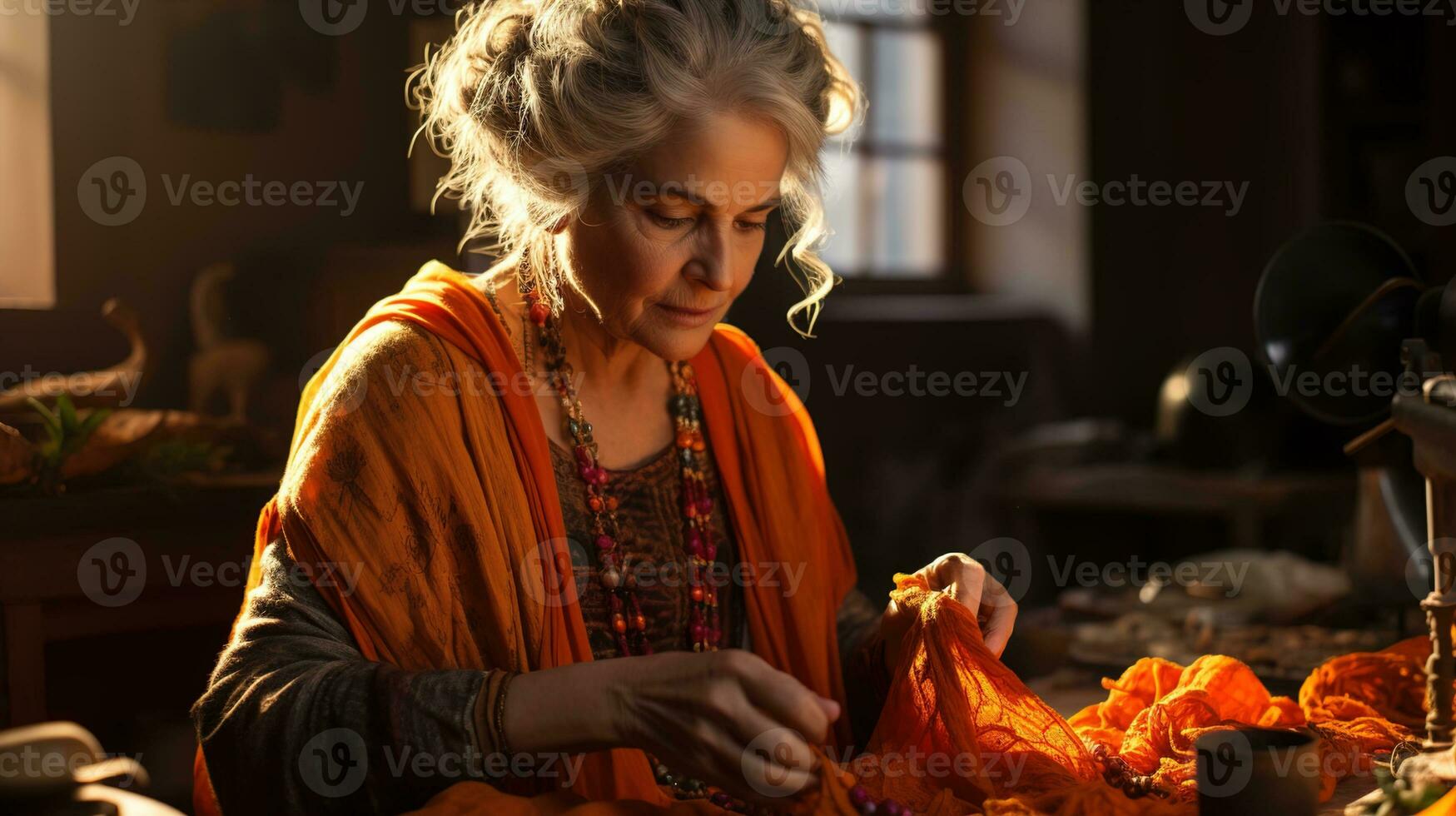 moderno tradicional herança arte, fechar-se do idosos indiano mulher tricô tradicional tecido dentro tarde luz - abraçando arte e cultural herança, ai generativo foto