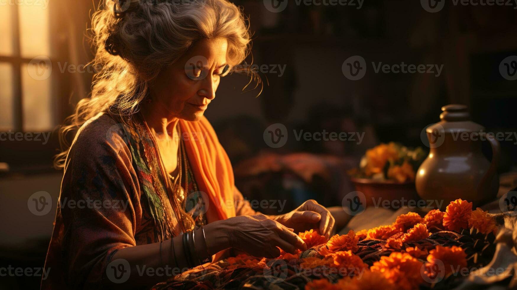 moderno tradicional herança arte, fechar-se do idosos indiano mulher tricô tradicional tecido dentro tarde luz - abraçando arte e cultural herança, ai generativo foto