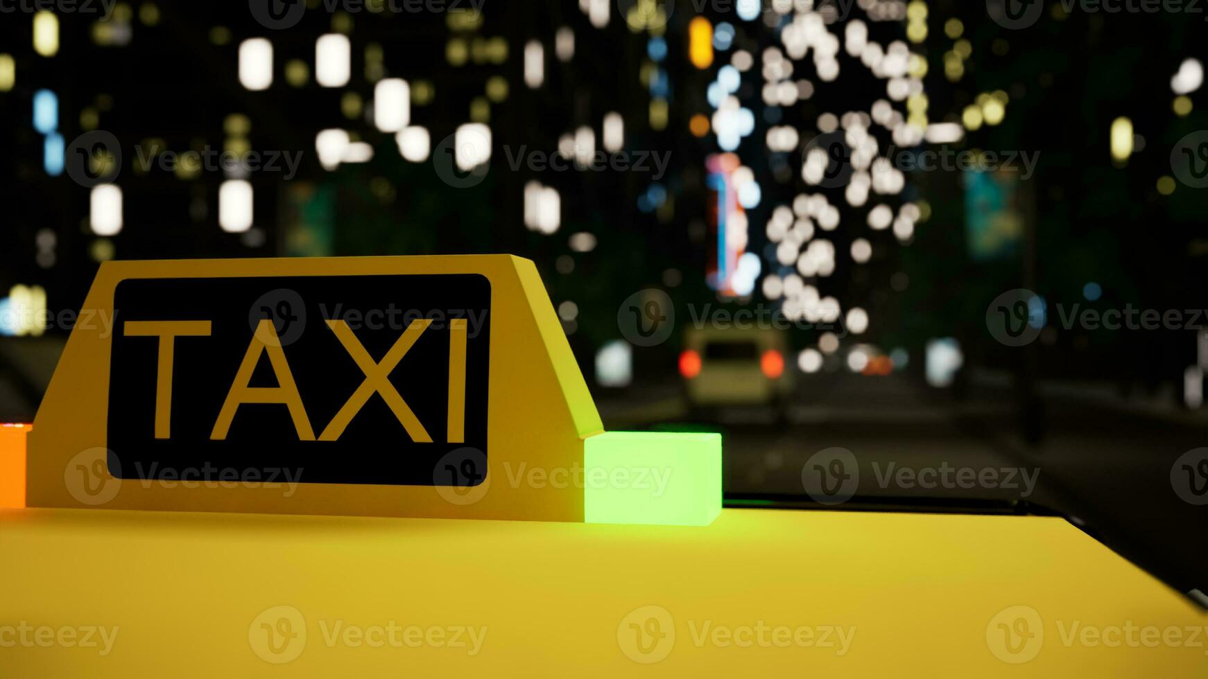 moderno Táxi placa em veículo dirigindo por aí cidade com escritório edifícios às luzes noite, centro da cidade. passageiro carro automóvel em rua, arranha-céus e táxi veículo. fechar acima. 3d render animação. foto