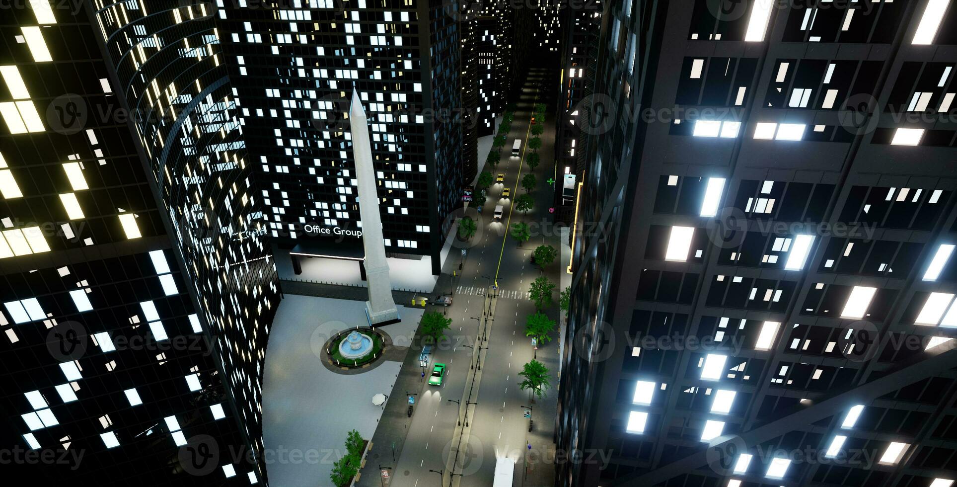 Cidade distrito com arranha-céus e luzes, metrópole o negócio Centro com veículos em rua. capital cidade com moderno arquitetura e escritório edifícios. 3d render animação. foto