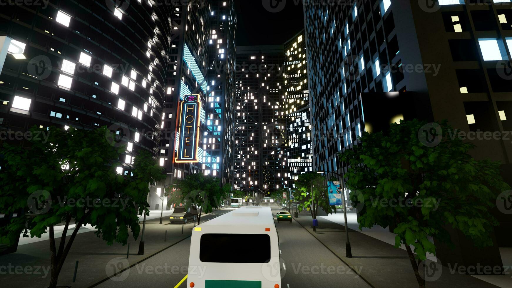 o negócio distrito com moderno luzes tremeluzente atrasado às noite, futurista cidade centro da cidade com edifícios e carros em rua. urbano arranha-céus em moderno Cidade panorama. 3d render animação. foto