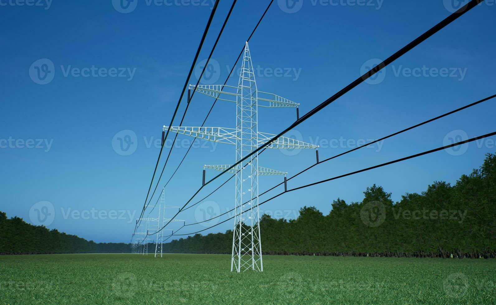 elétrico rede entregando Alto Voltagem eletricidade usando fios sobre azul céu. energia fluindo através industrial equipamento cabos suspensão em poder pilão, 3d render animação foto