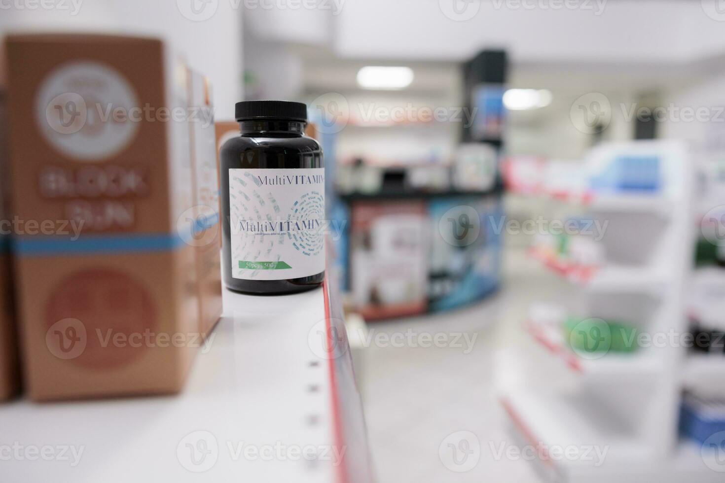 cuidados de saúde varejo loja com farmacêutico produtos e pílulas garrafa em prateleiras, caixas e pacotes com vitaminas e suplementos. esvaziar farmacia fazer compras preenchidas com medicamentos e farmacêutico. foto