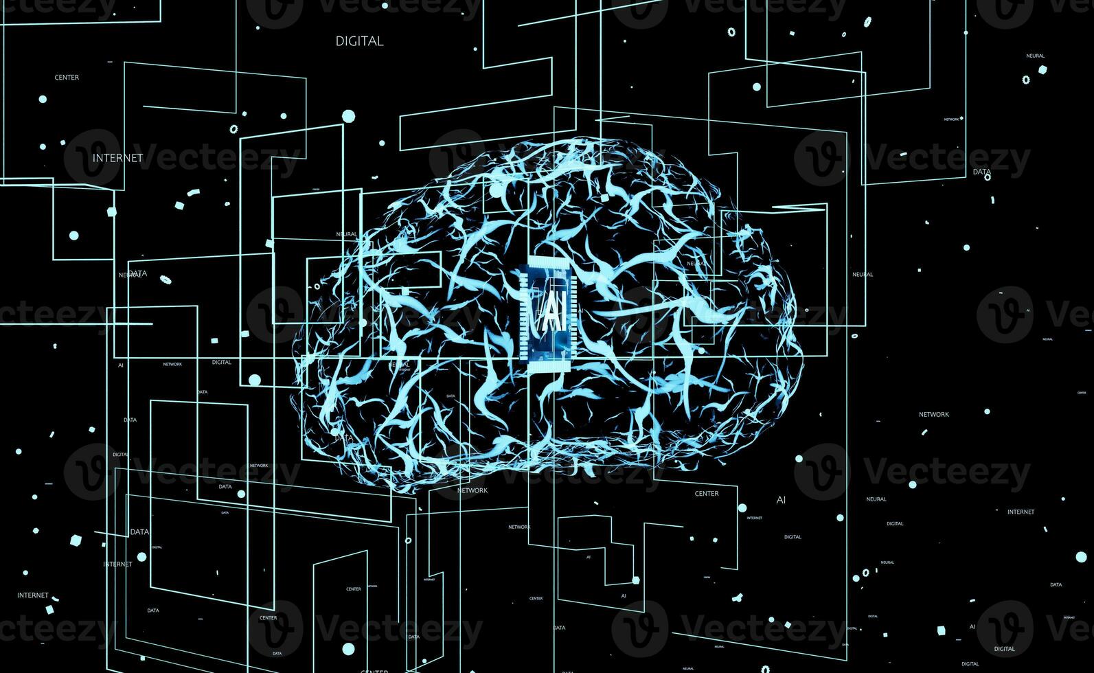 artificial inteligência sistema usando complexo língua código. profundo Aprendendo neural rede programação modelo resolução operações usando maciço computacional poder, 3d render animação foto