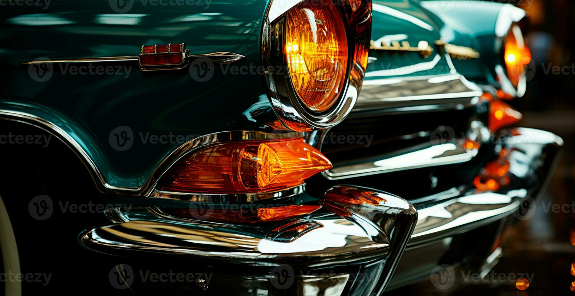 vintage americano clássico carro, faróis brilhando às noite - ai gerado imagem foto